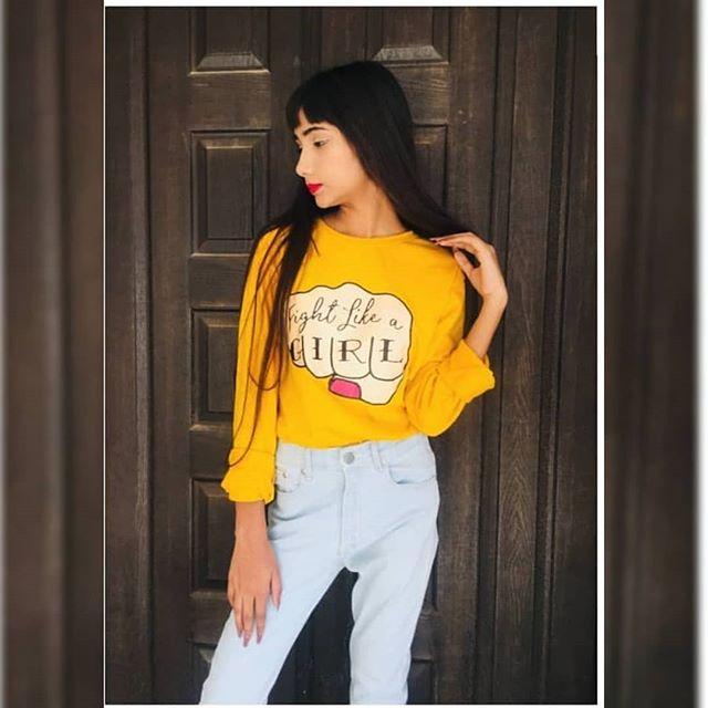 Yellow Fight Like A Girl Cotton Printed T-shirt For Womens