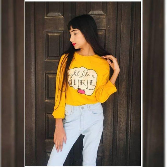 Yellow Fight Like A Girl Cotton Printed T-shirt For Womens