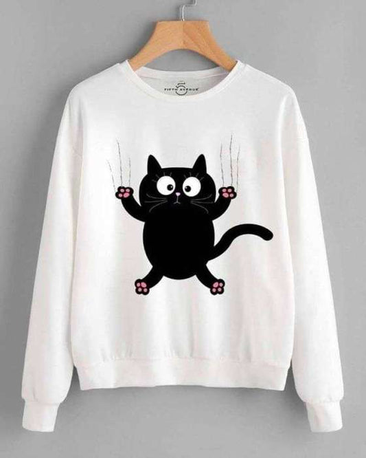White Cat Printed Sweat Shirt For Women