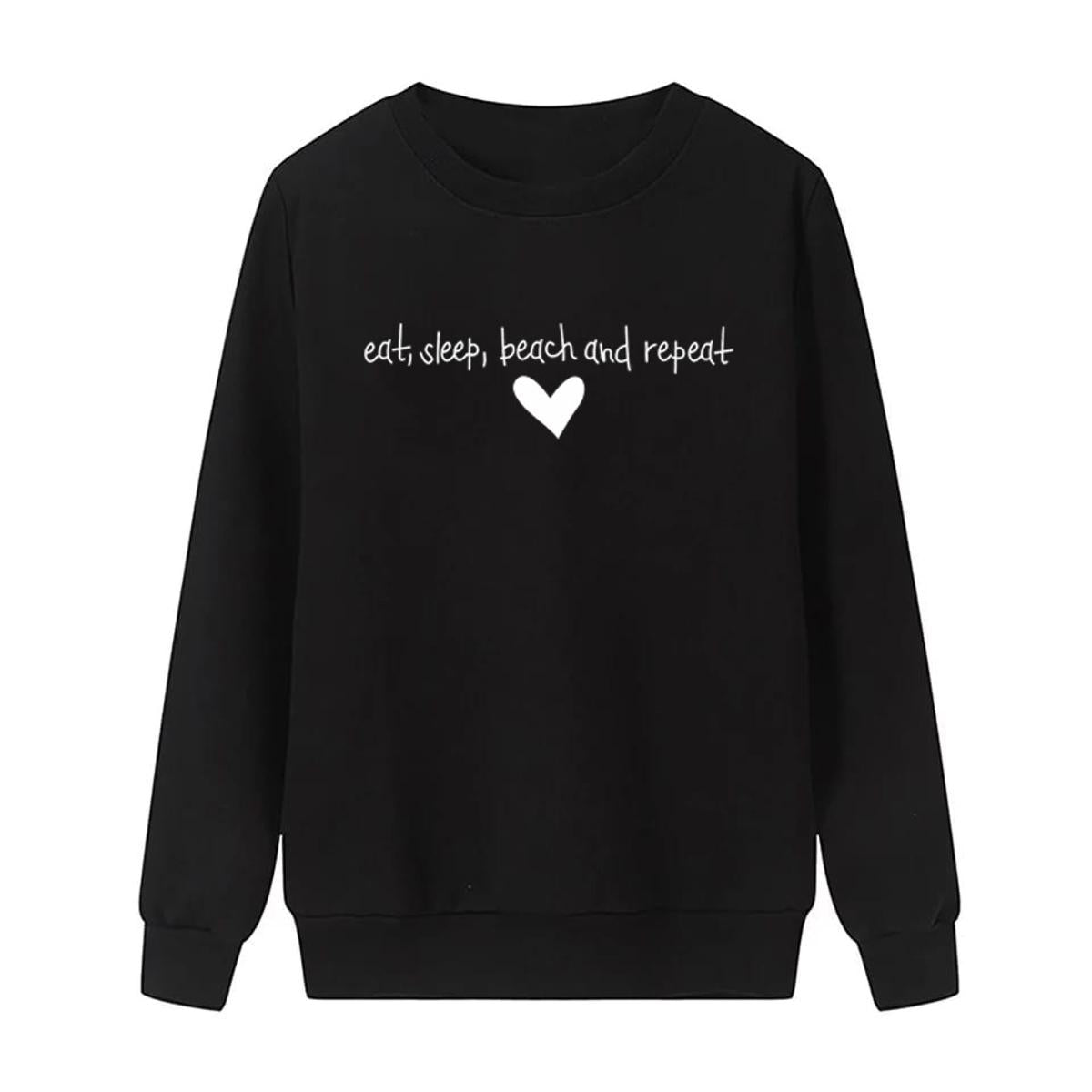 Eat Sleep Beach Repeat Printed Fleece Full Sleeves Pull Over Sweatshirt For Women - DENIMS - Hoodies & Sweatshirts - 