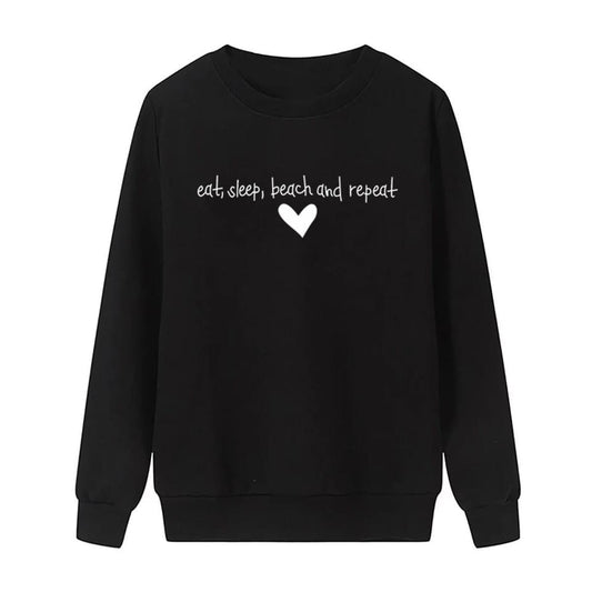 Eat Sleep Beach Repeat Printed Fleece Full Sleeves Pull Over Sweatshirt For Women - DENIMS - Hoodies & Sweatshirts - 