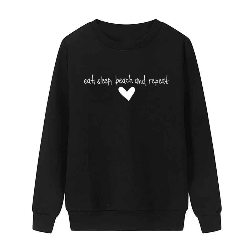 Eat Sleep Beach Repeat Printed Fleece Full Sleeves Pull Over Sweatshirt For Women - DENIMS - Hoodies & Sweatshirts - 