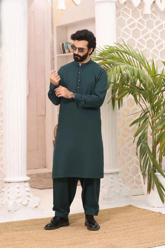 Enchanted Jade: Evergreen Shalwar Kameez for Men - DENIMS - Shalwar Kameez - 