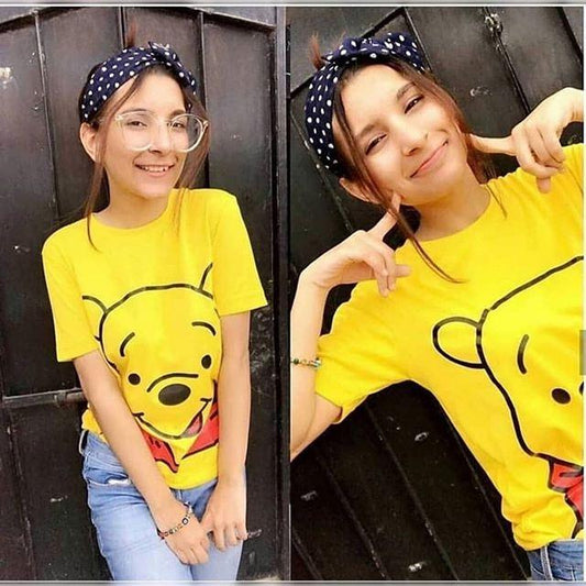Yellow Pooh Cotton Printed T-shirt For Womens