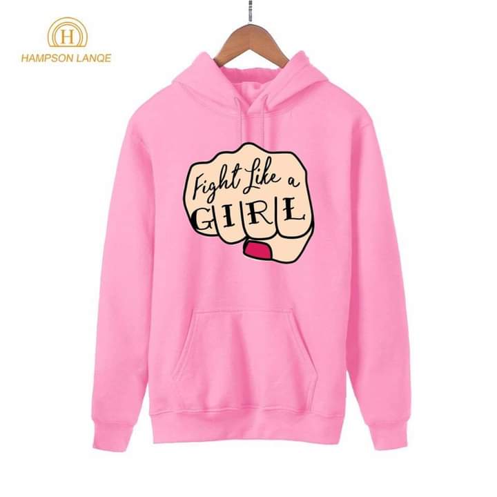 Fight Like A Girl Printed Fleece Full Sleeves Pull Over Hoodie For Women - DENIMS - Hoodies & Sweatshirts - 