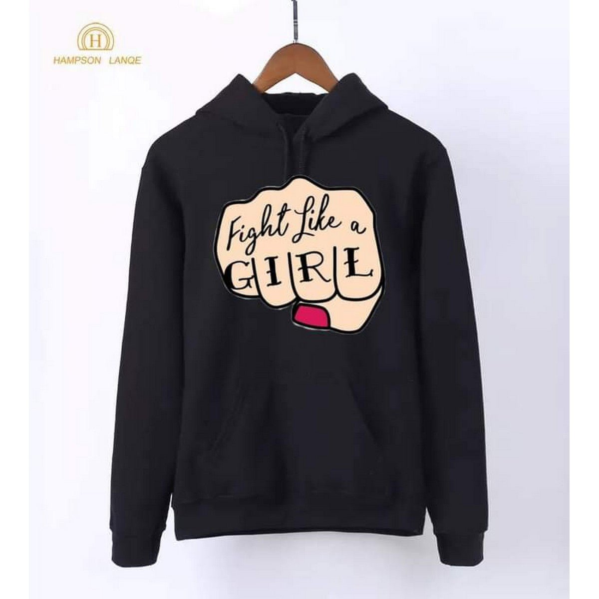 Fight Like A Girl Printed Fleece Full Sleeves Pull Over Hoodie For Women - DENIMS - Hoodies & Sweatshirts - 