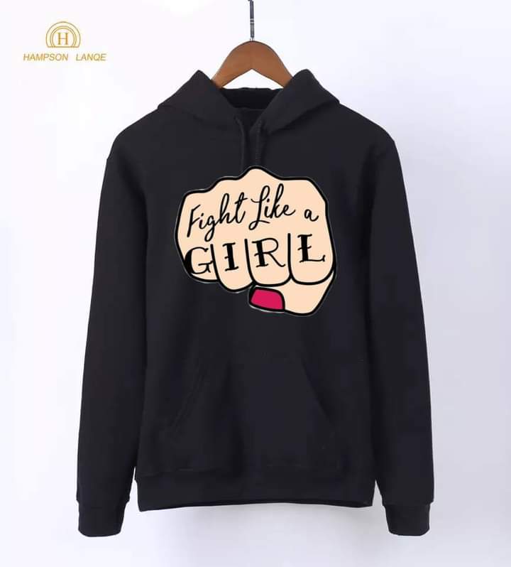 Fight Like A Girl Printed Fleece Full Sleeves Pull Over Hoodie For Women - DENIMS - Hoodies & Sweatshirts - 