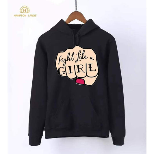 Fight Like A Girl Printed Fleece Full Sleeves Pull Over Hoodie For Women - DENIMS - Hoodies & Sweatshirts - 