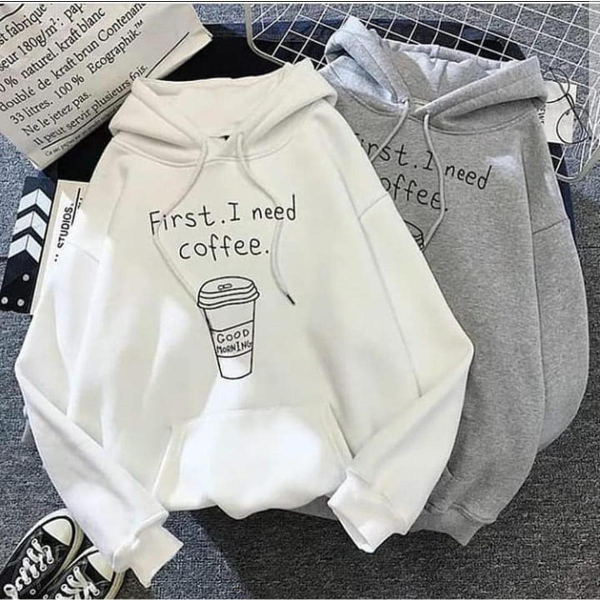 First I Need Coffee Fleece Full Sleeves Pull Over Hoodie For Women - DENIMS - Hoodies & Sweatshirts - 