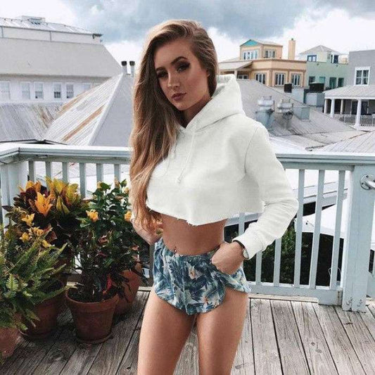 Fleece Cotton Plan Crop Pull Over Hoodie 332 - DENIMS - Hoodies & Sweatshirts - 