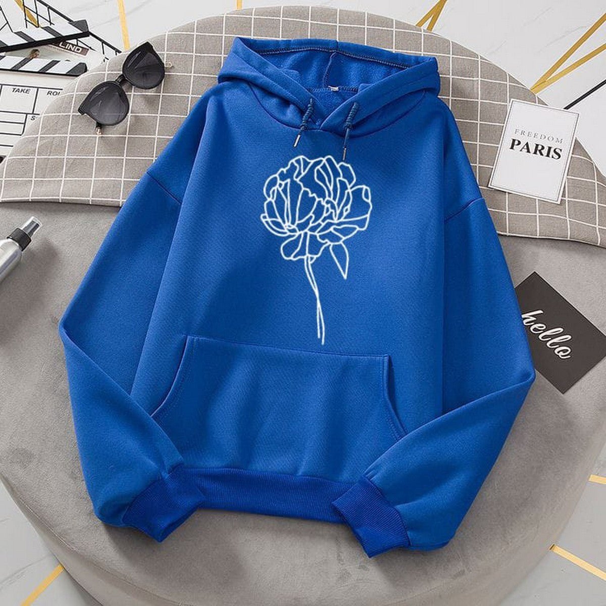 Flower Royal Blue Fleece Full Sleeves Pull Over Hoodie For Women - DENIMS - Hoodies & Sweatshirts - 