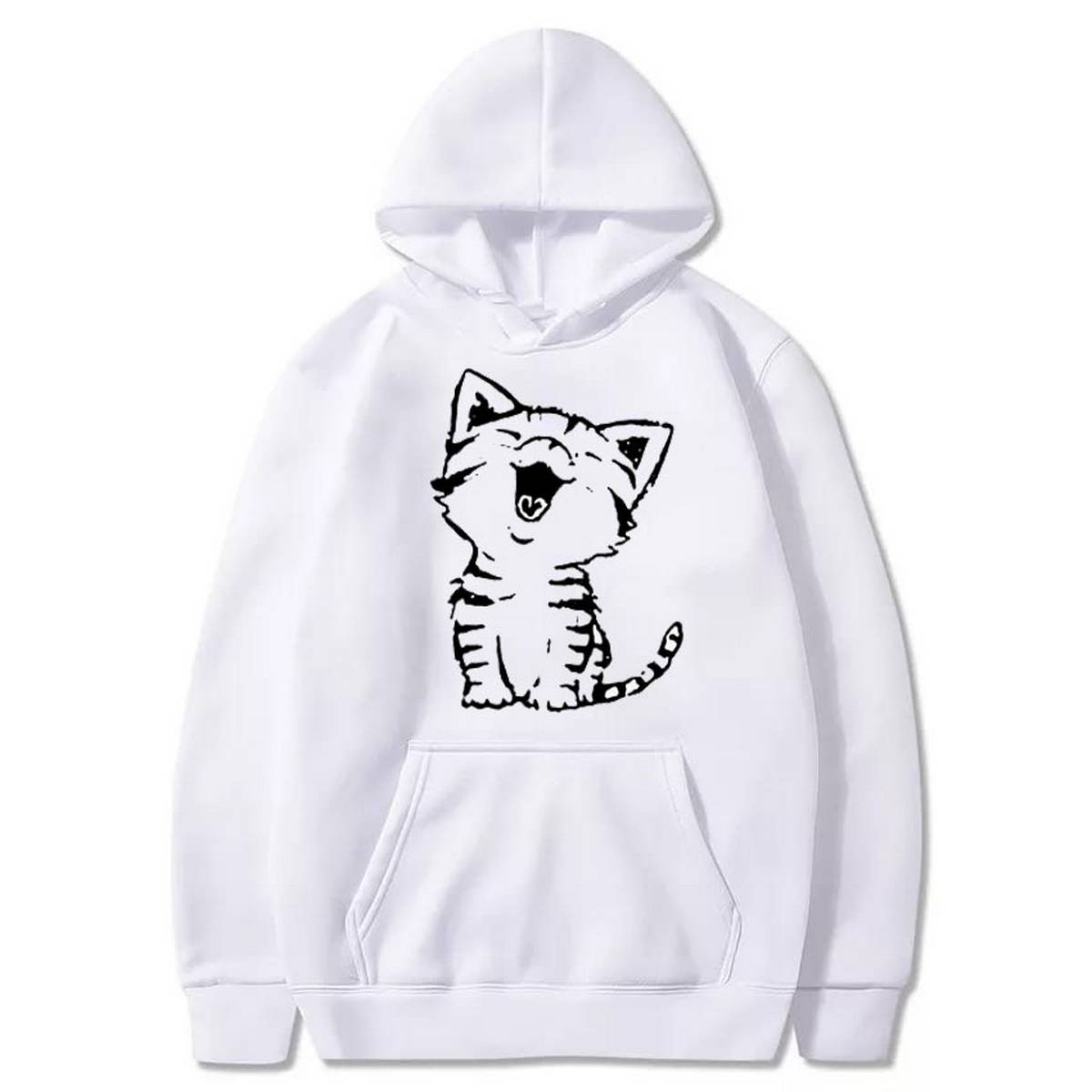 Fluffy Cat Printed Fleece Full Sleeves Pull Over Hoodie For Women - DENIMS - Hoodies & Sweatshirts - 
