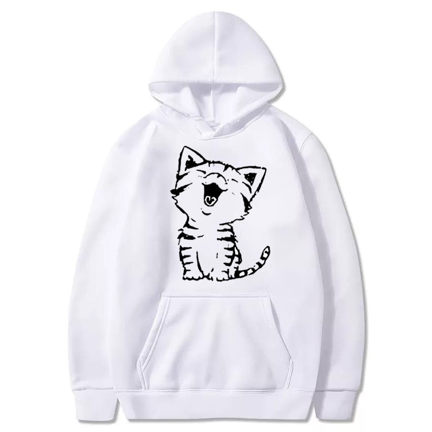 Fluffy Cat Printed Fleece Full Sleeves Pull Over Hoodie For Women - DENIMS - Hoodies & Sweatshirts - 
