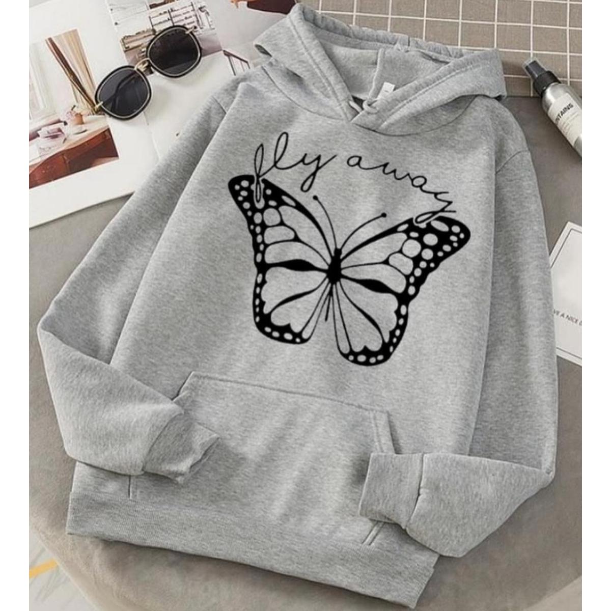 Fly Always Butterfly Grey Fleece Full Sleeves Pull Over Hoodie For Women - DENIMS - Hoodies & Sweatshirts - 
