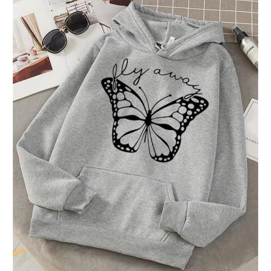 Fly Always Butterfly Grey Fleece Full Sleeves Pull Over Hoodie For Women - DENIMS - Hoodies & Sweatshirts - 