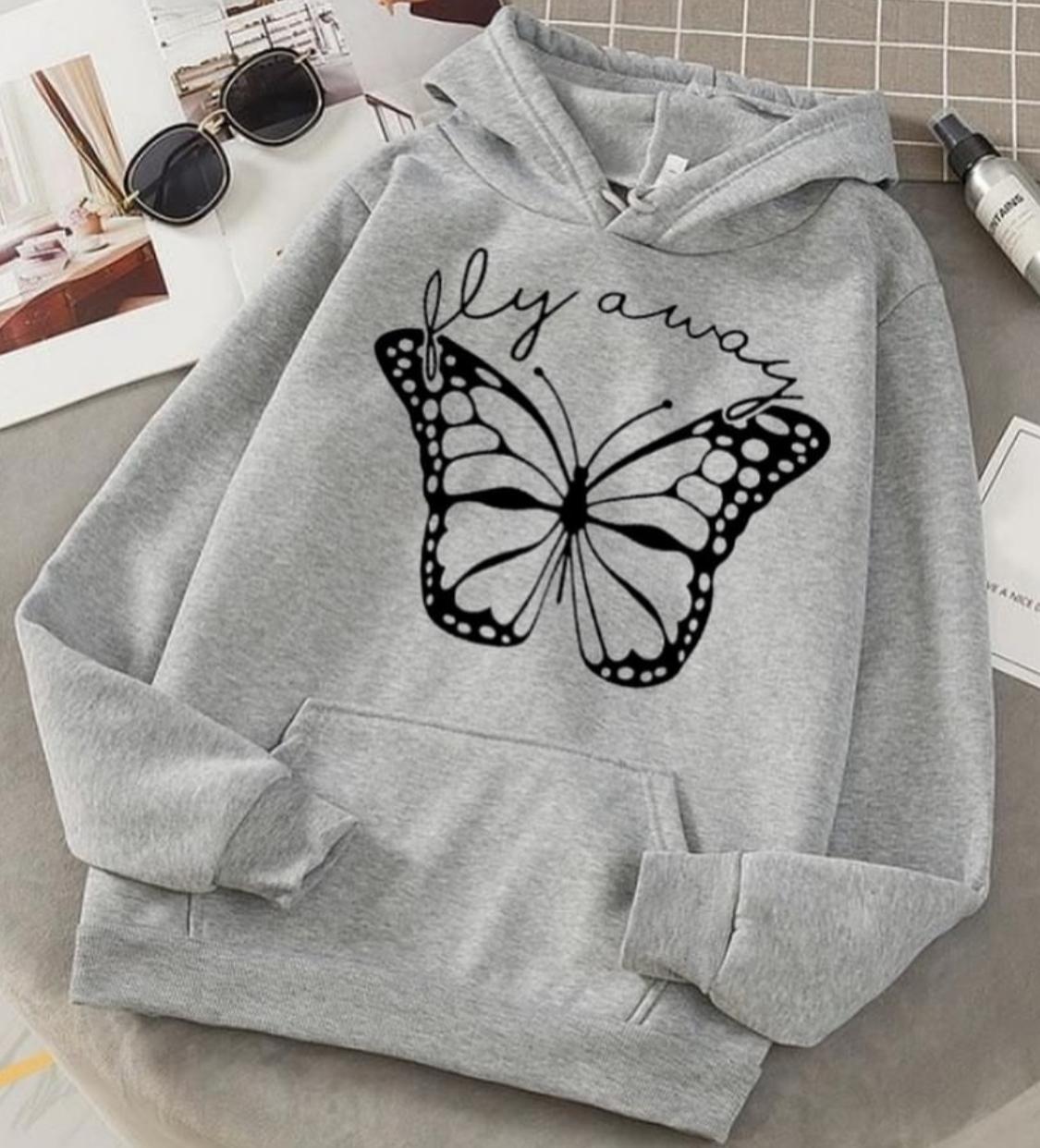 Fly Always Butterfly Grey Fleece Full Sleeves Pull Over Hoodie For Women - DENIMS - Hoodies & Sweatshirts - 