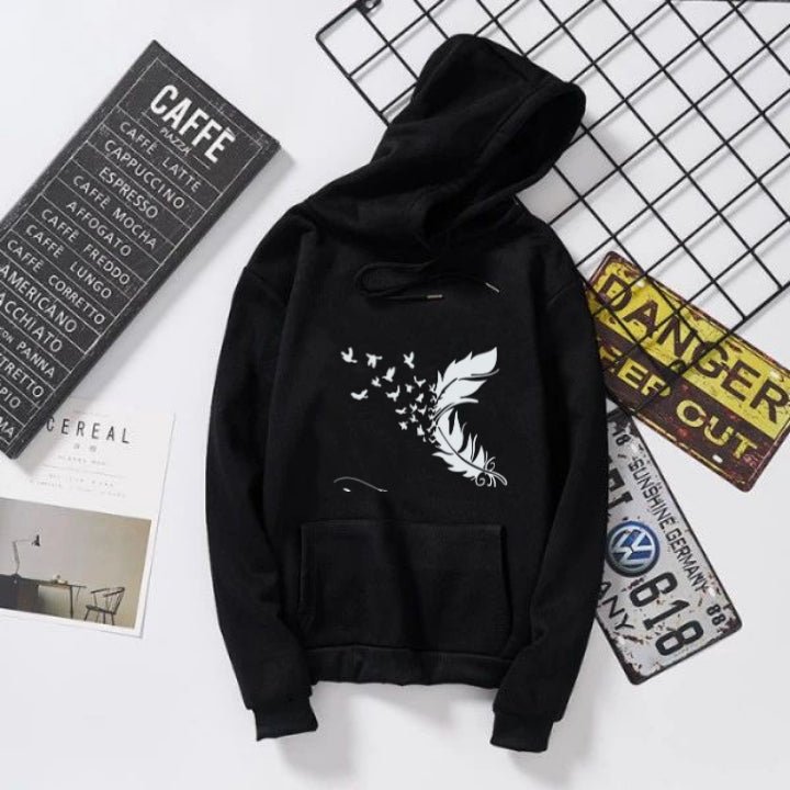 Flying Leaf Printed Black Fleece Full Sleeves Pull Over Hoodie For Women - DENIMS - Hoodies & Sweatshirts - 