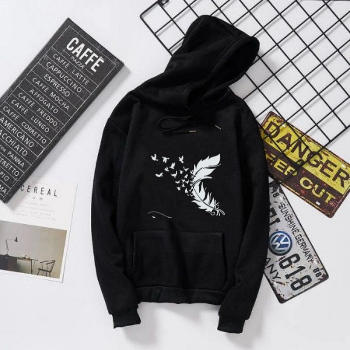 Flying Leaf Printed Black Fleece Full Sleeves Pull Over Hoodie For Women - DENIMS - Hoodies & Sweatshirts - 