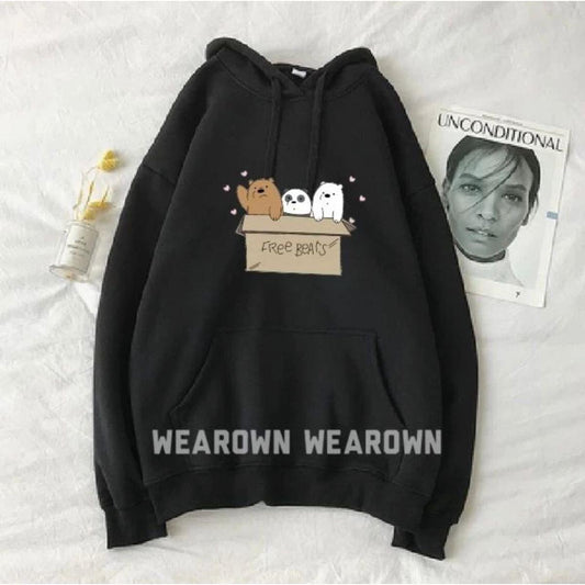 Free Bear Printed Fleece Full Sleeves Pull Over Hoodie For Women - DENIMS - Hoodies & Sweatshirts - 