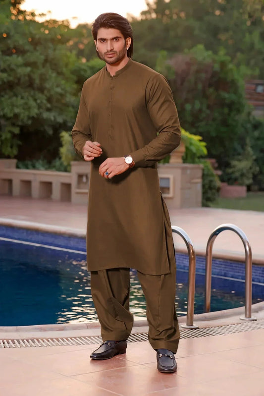 Golden Brown Shalwar Kameez for Men - DENIMS - Shalwar Kameez - 