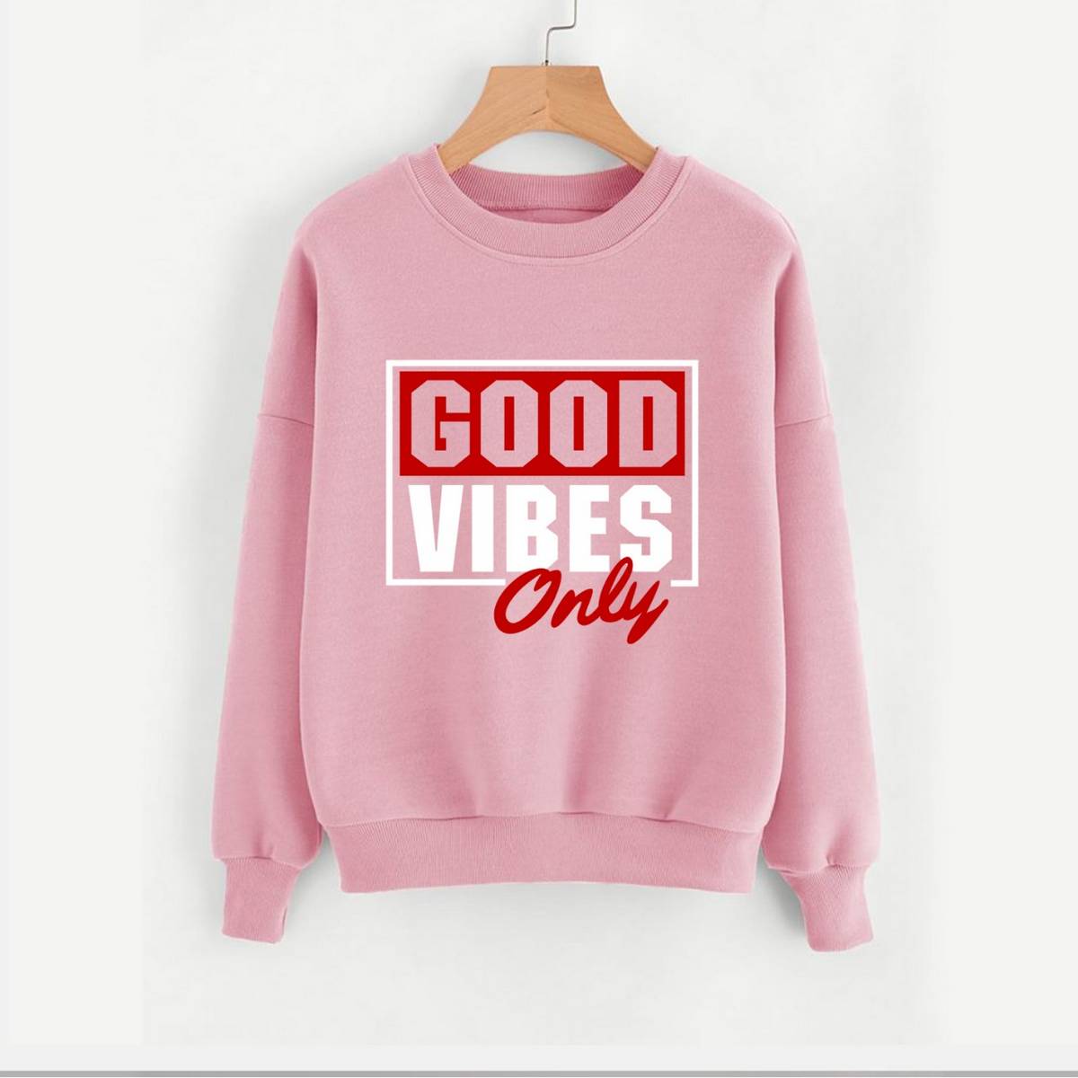 Good Vibes Fleece Full Sleeves Pull Over Sweatshirt For Women - DENIMS - Hoodies & Sweatshirts - 