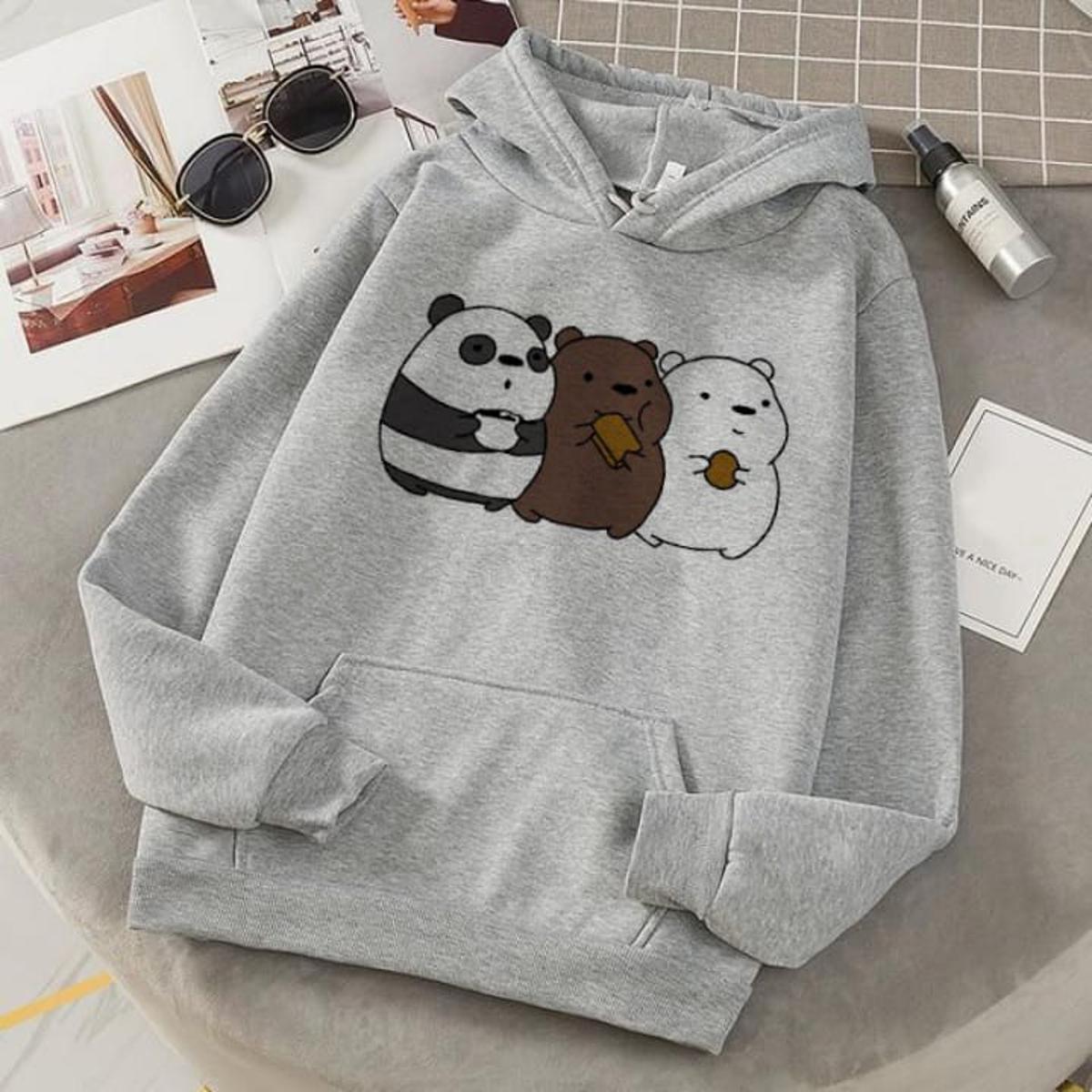 Grey Bare Bears Printed Fleece Full Sleeves Pull Over Hoodie For Women - DENIMS - Hoodies & Sweatshirts - 