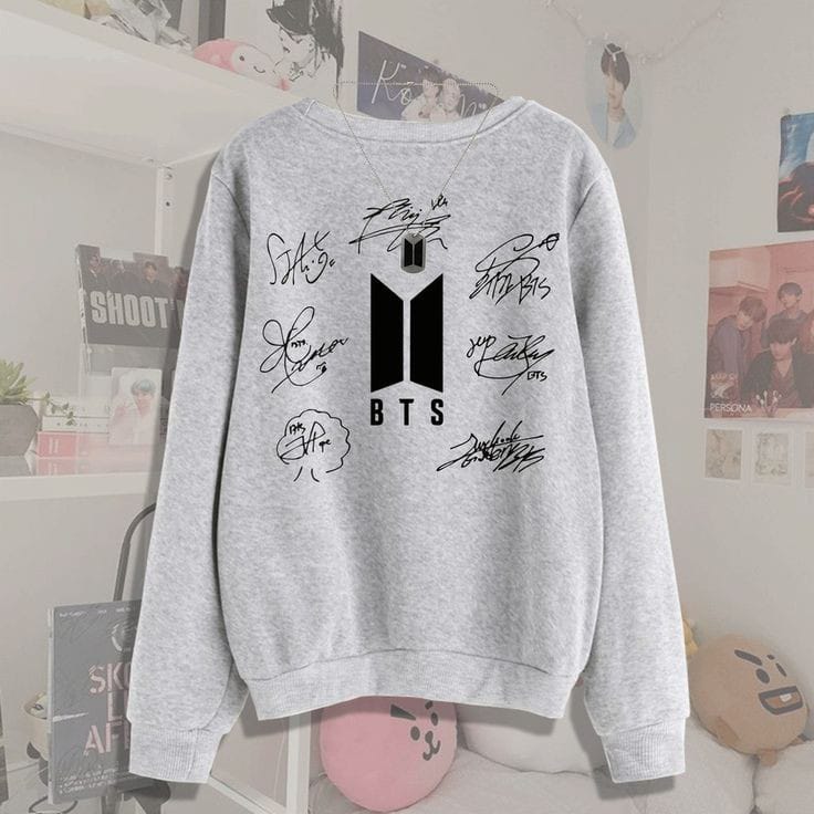 Grey Bts Signature All Members Fleece Full Sleeves Sweatshirt For Women - DENIMS - Hoodies & Sweatshirts - 