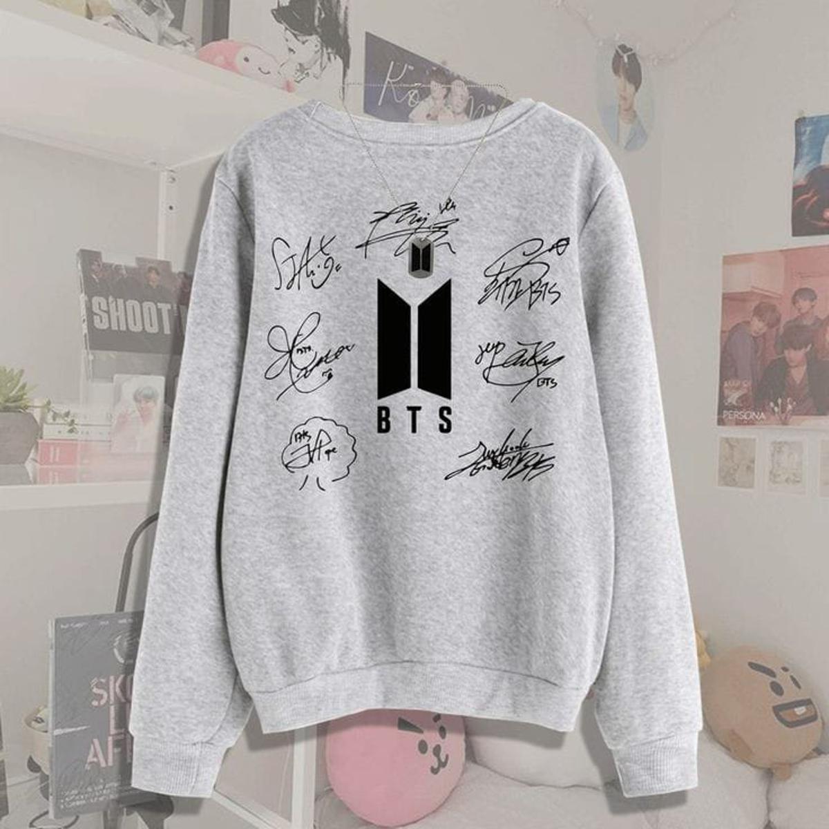 Grey Bts Signature All Members Fleece Full Sleeves Sweatshirt For Women - DENIMS - Hoodies & Sweatshirts - 
