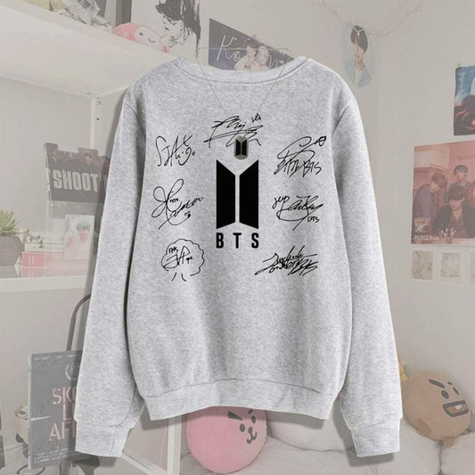 Grey Bts Signature All Members Fleece Full Sleeves Sweatshirt For Women - DENIMS - Hoodies & Sweatshirts - 