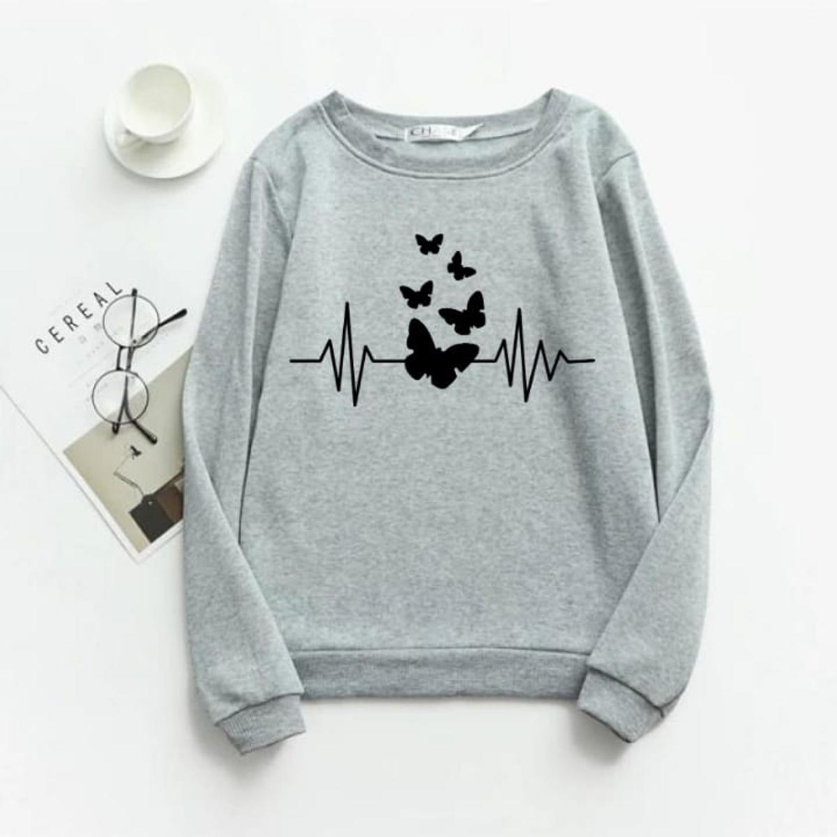 Grey Butterfly Fleece Full Sleeves Sweatshirt For Women - DENIMS - Hoodies & Sweatshirts - 