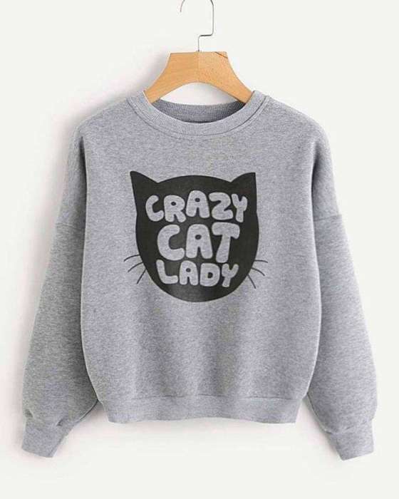 Grey Crazy Cat Lady Printed Sweat Shirt For Women - DENIMS - Hoodies & Sweatshirts - 