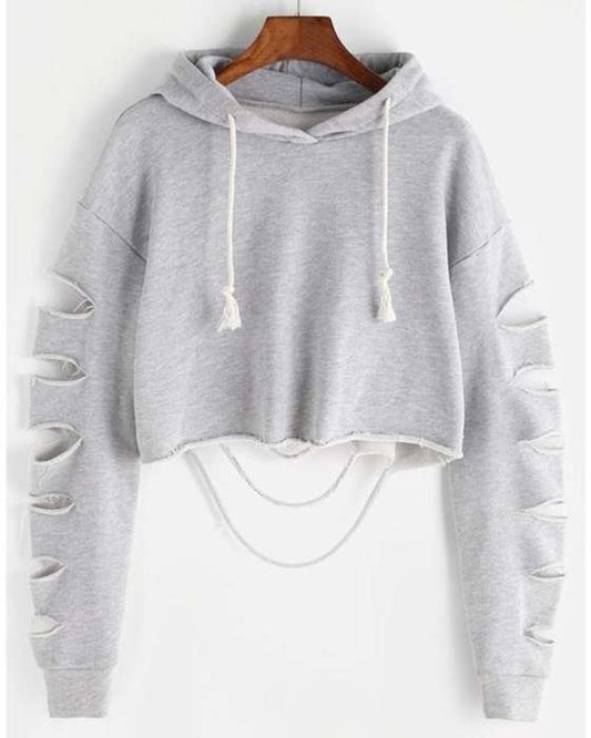 GREY DAMAGE CROPPED HOODIE FOR womens - DENIMS - Hoodies & Sweatshirts - 