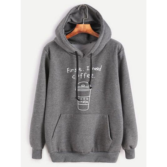 Grey First I Need Coffee Printed Fleece Full Sleeves Pull Over Sweatshirt For Women - DENIMS - Hoodies & Sweatshirts - 