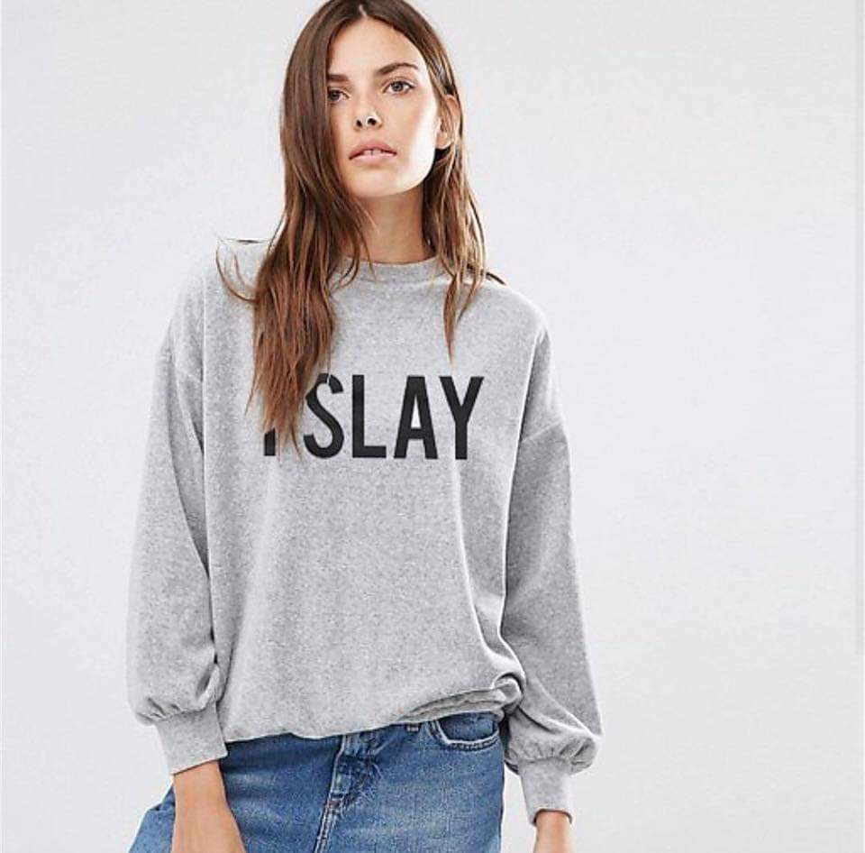 Grey I Slay Fleece Full Sleeves Pull Over Sweatshirt For Women - DENIMS - Hoodies & Sweatshirts - 