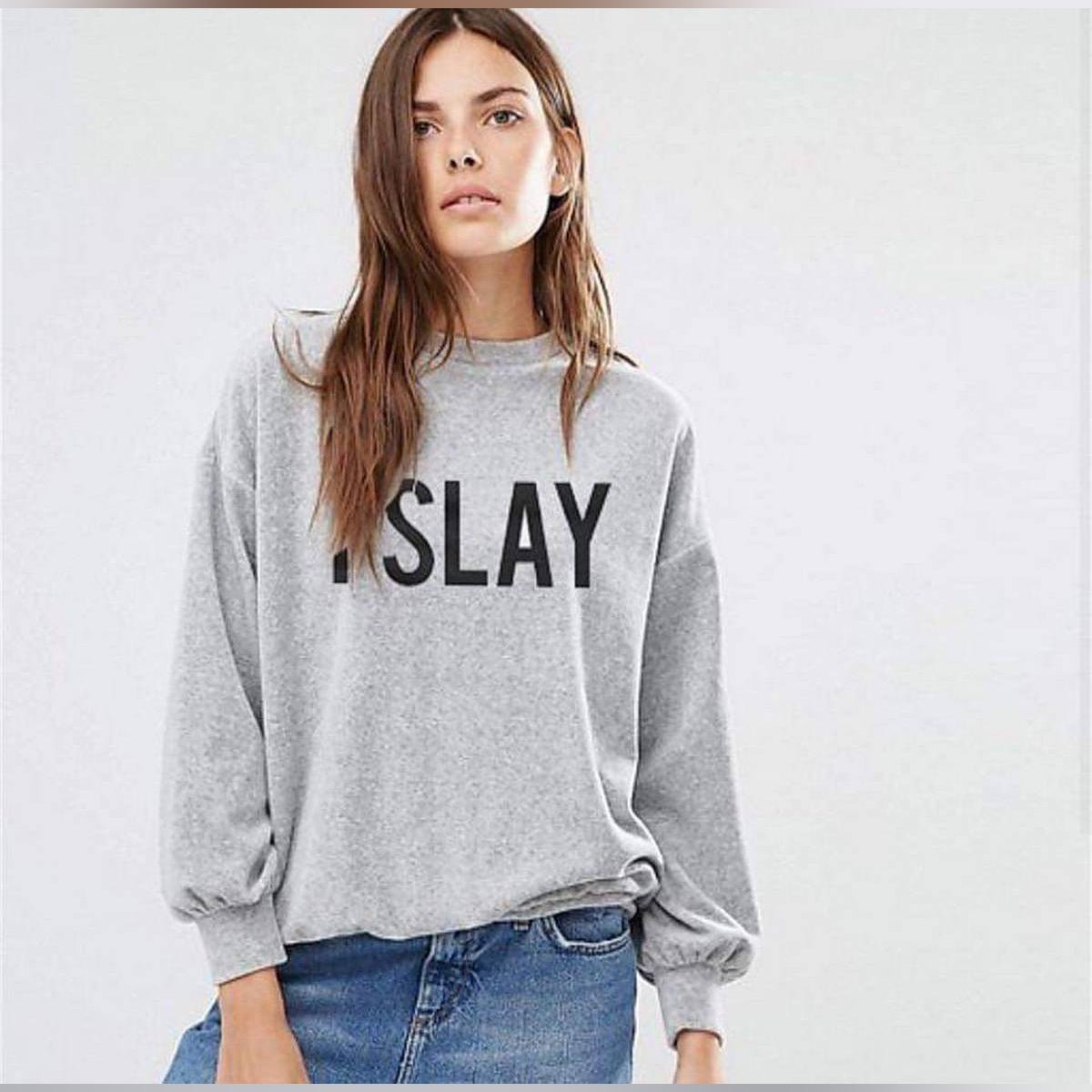 Grey I Slay Fleece Full Sleeves Pull Over Sweatshirt For Women - DENIMS - Hoodies & Sweatshirts - 
