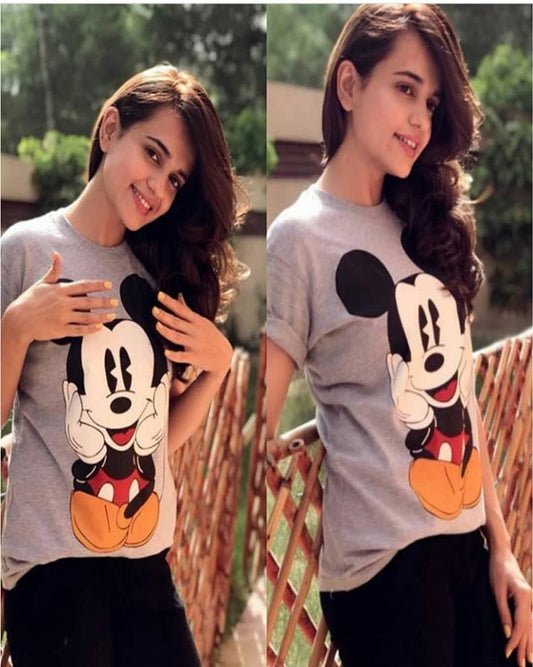 Grey Micky Cotton Printed T - Shirt For Women - DENIMS - Tops & T - Shirts - 