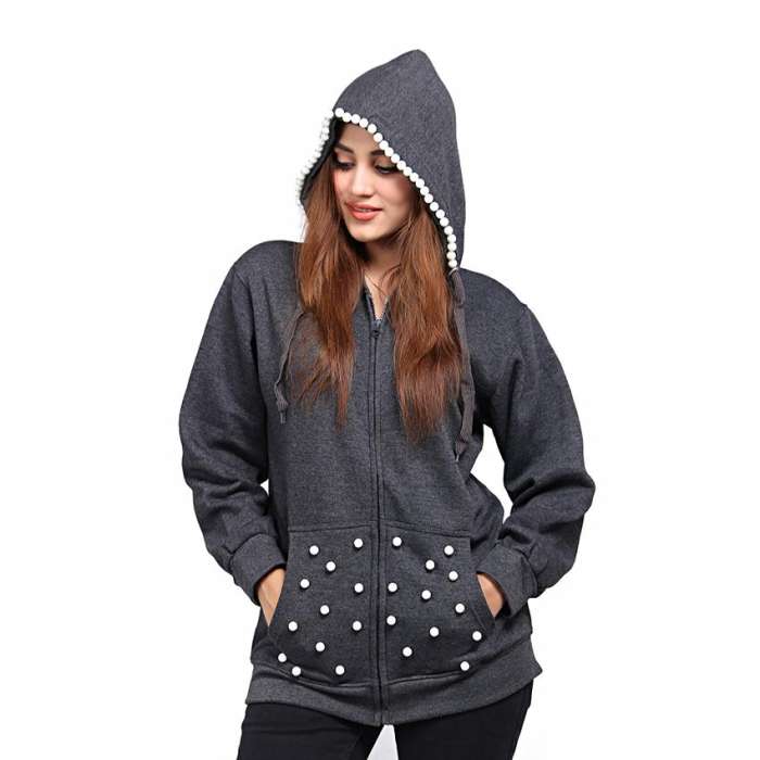 Grey Pearl Hood Embellished Zipper Hoodie For Women - DENIMS - Hoodies & Sweatshirts - 