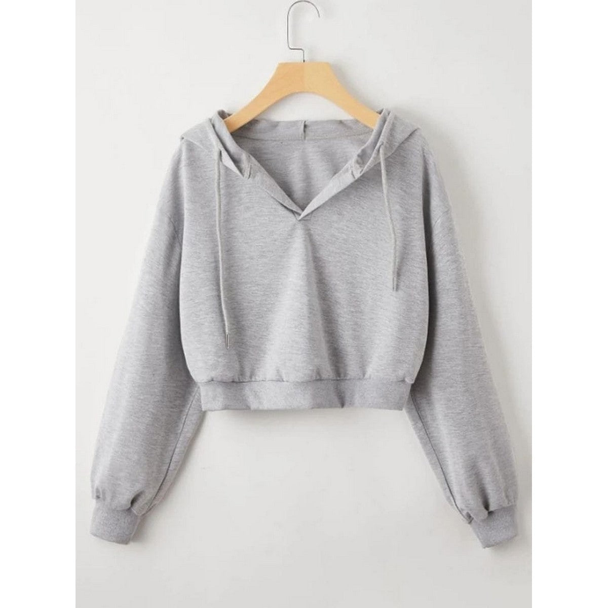 Grey Plain Fleece Full Sleeves Cropped Pull Over Hoodie For Women - DENIMS - Hoodies & Sweatshirts - 