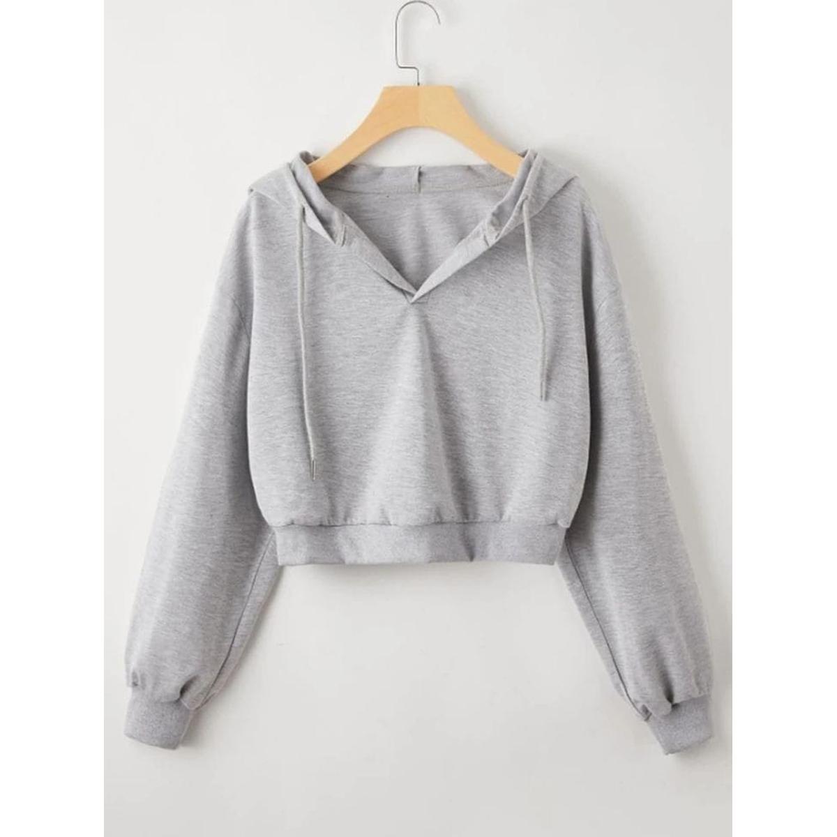 Grey Plain Fleece Full Sleeves Cropped Pull Over Hoodie For Women - DENIMS - Hoodies & Sweatshirts - 
