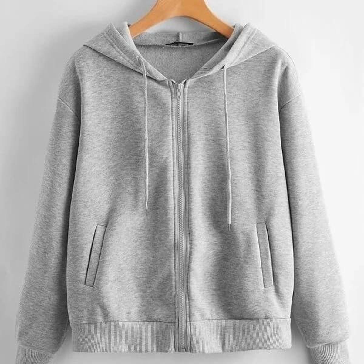 Grey Plain Fleece Full Sleeves Zipper Hoodie For Women - DENIMS - Hoodies & Sweatshirts - 
