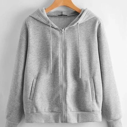 Grey Plain Fleece Full Sleeves Zipper Hoodie For Women - DENIMS - Hoodies & Sweatshirts - 