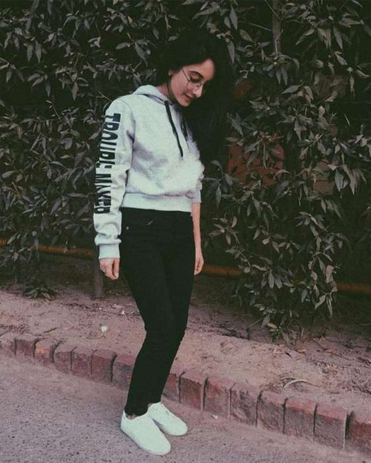 GREY TROUBLE MAKER HOODIE FOR WOMEN - DENIMS - Hoodies & Sweatshirts - 