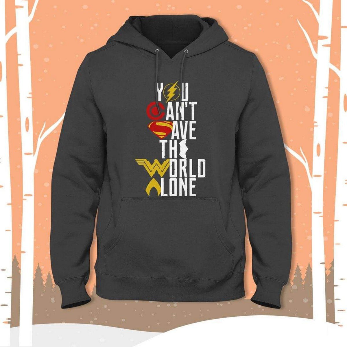 Grey You cant save the world alone Fleece Full Sleeves Pull Over Hoodie With Drawstrings - DENIMS - Hoodie & Sweatshirt - 