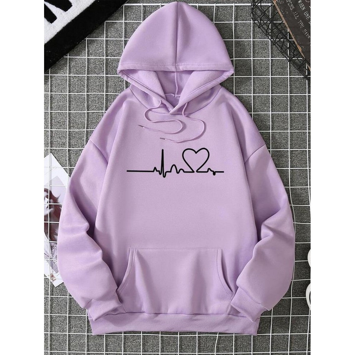 Heart Beat Light Purple Fleece Full Sleeves Pull Over Hoodie For Women - DENIMS - Hoodies & Sweatshirts - 
