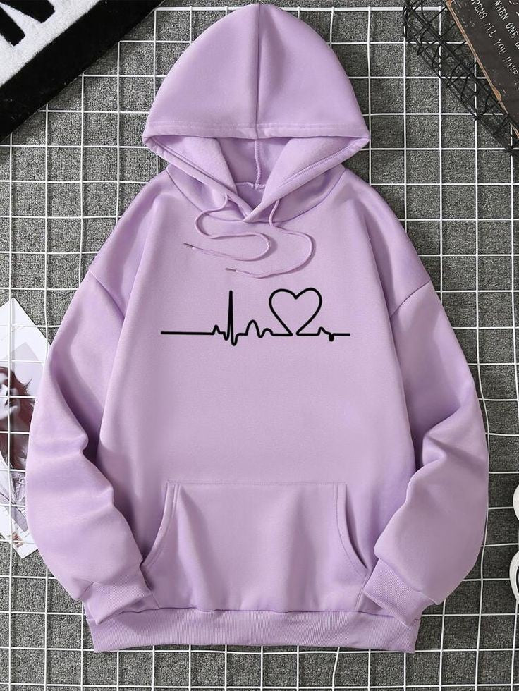 Heart Beat Light Purple Fleece Full Sleeves Pull Over Hoodie For Women - DENIMS - Hoodies & Sweatshirts - 