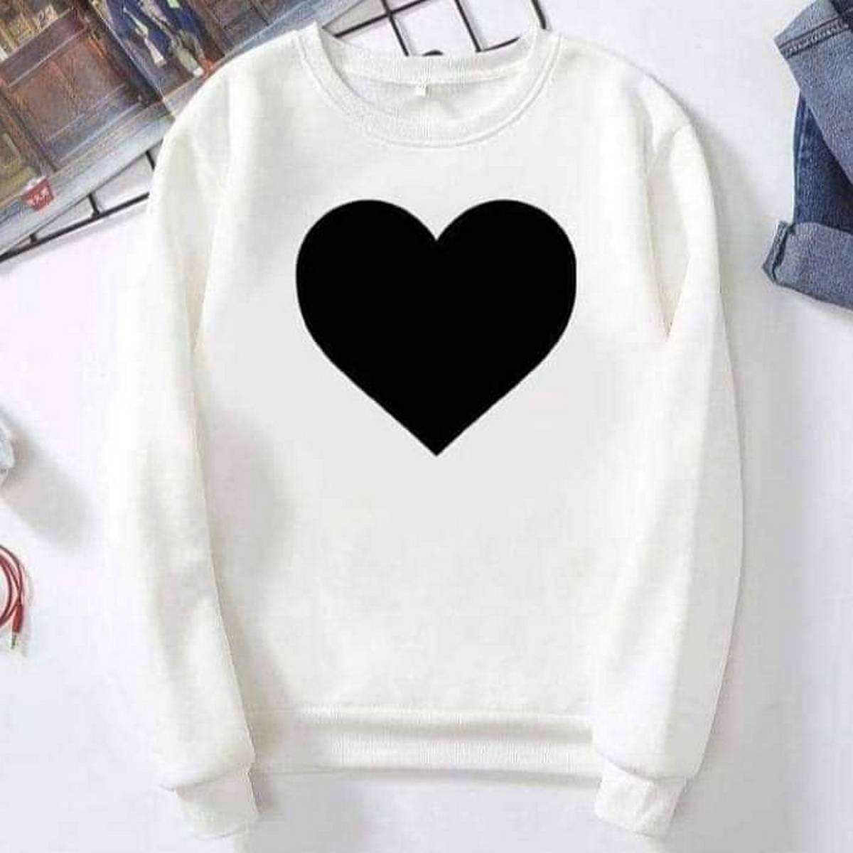 Heart Printed Fleece Full Sleeves Pull Over Sweatshirt For Women - DENIMS - Hoodies & Sweatshirts - 