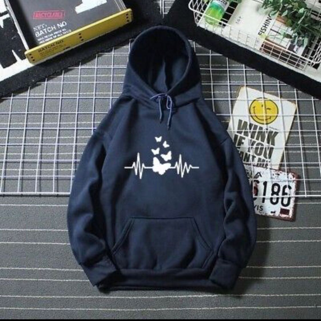 Heartbeat Butterfly Printed Fleece Full Sleeves Pull Over Hoodie - DENIMS - Hoodies & Sweatshirts - 