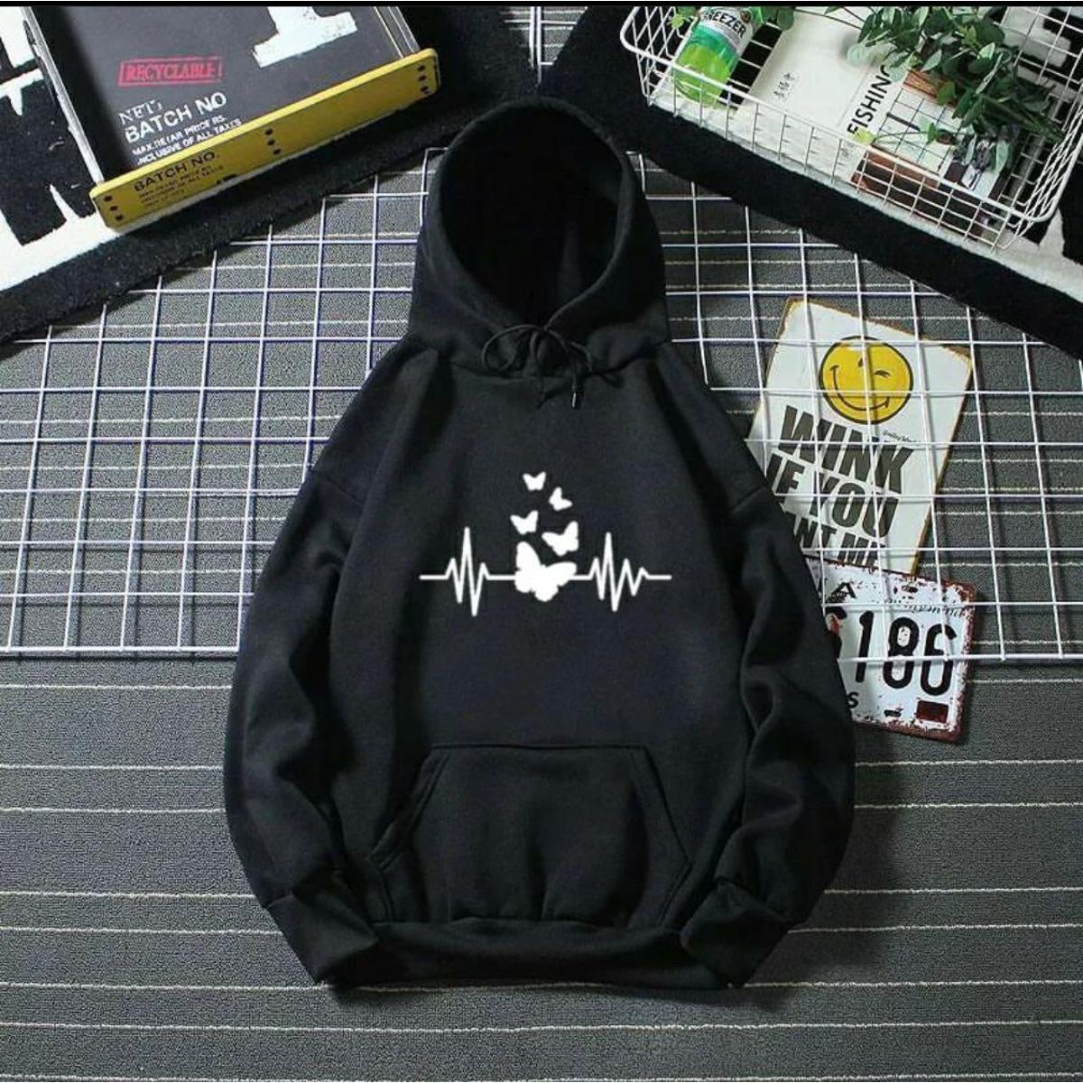 Heartbeat Butterfly Printed Fleece Full Sleeves Pull Over Hoodie - DENIMS - Hoodies & Sweatshirts - 