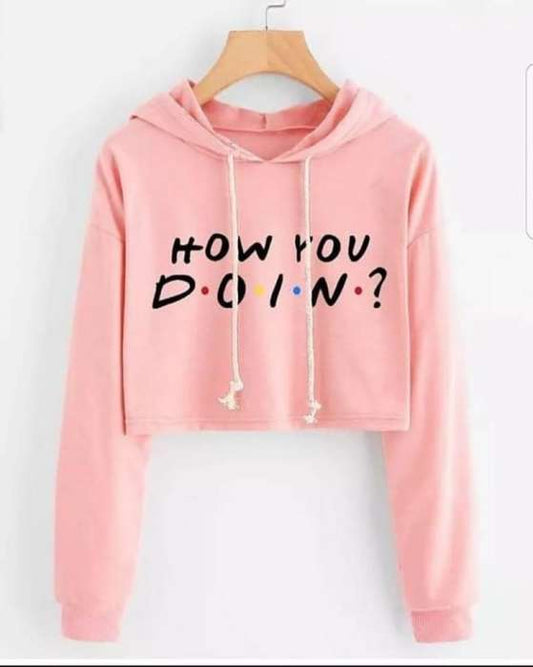 How You Doin Crop Printed Fleece Hoodie For womens - DENIMS - Hoodies & Sweatshirts - 