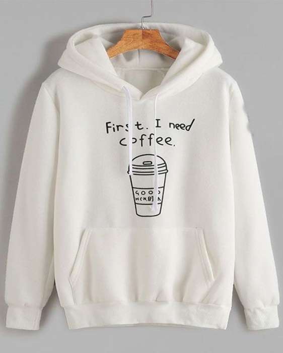 I Need Coffee White Fleece Hoodie For Women - DENIMS - Hoodies & Sweatshirts - 